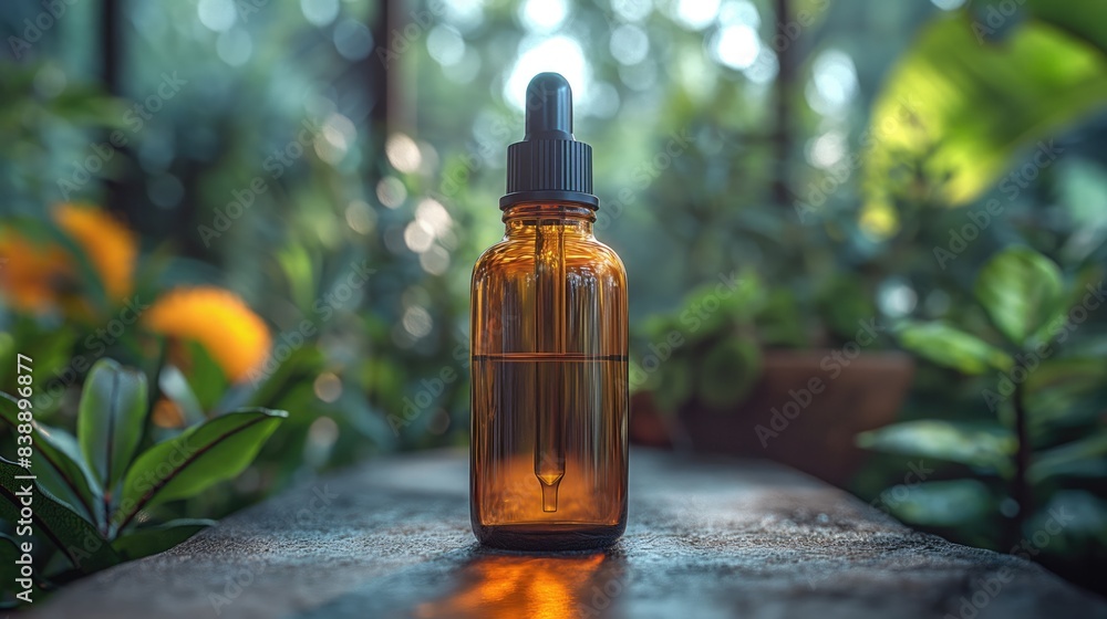 A brown dropper bottle with CBD oil surrounded by green leaves with liquid drops A brown dropper bottle with CBD oil surrounded by green leaves with liquid drops