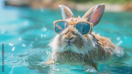 Cute funny rabbit wearing sunglasses and floating in a ocean. Happy pet swim in ocean or sea, play in the water