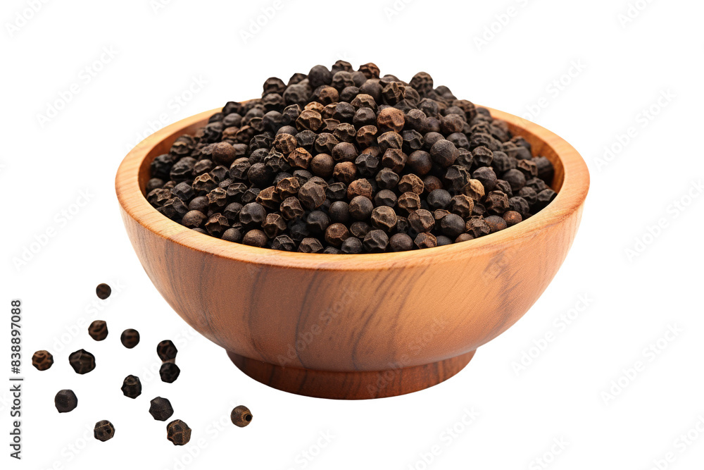 The Spice of Life: A Wooden Bowl Overflowing With Black Pepper on a White or Clear Surface PNG Transparent Background. The Spice of Life: A Wooden Bowl Overflowing With Black Pepper on a White or Clear Surface PNG Transparent Background.
