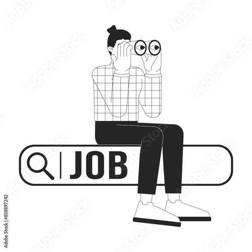 European man looking for job black and white 2D illustration concept. Unemployed male sitting on search box cartoon outline character isolated on white. Online vacancy metaphor monochrome vector art