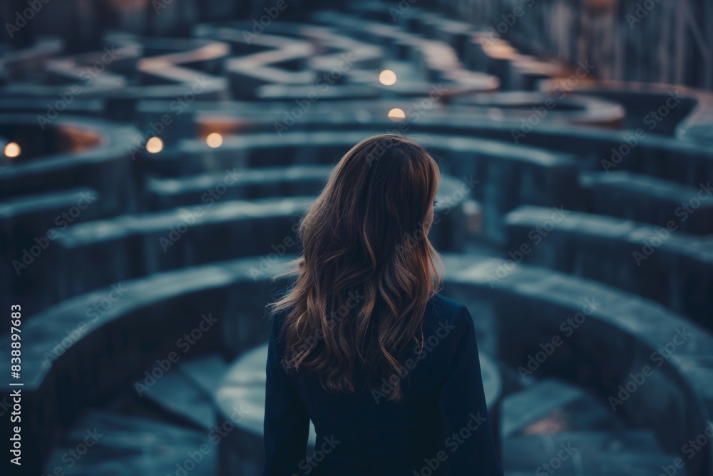 A woman stands at the entrance of a majestic labyrinth, pondering the winding paths and illuminated by soft lights. A woman stands at the entrance of a majestic labyrinth, pondering the winding paths and illuminated by soft lights.