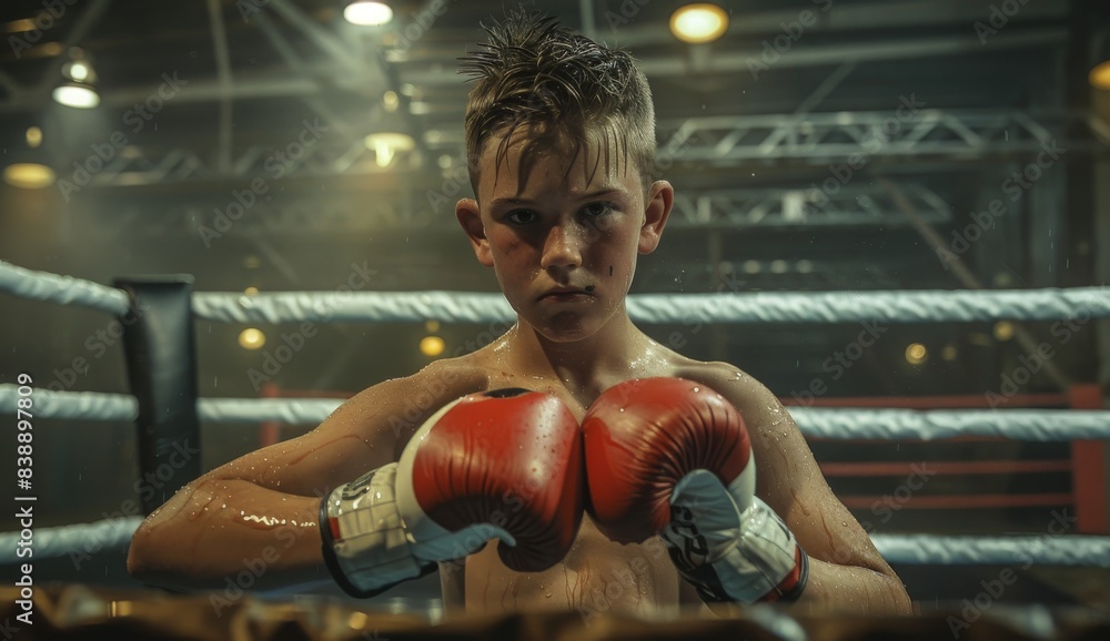 A young boxer in a boxing ring. He's wearing gloves and sweating. He's looking right at you in a cool picture that almost looks like a movie scene. A young boxer in a boxing ring. He's wearing gloves and sweating. He's looking right at you in a cool picture that almost looks like a movie scene.