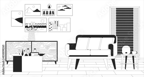 Empty living room furnishing black and white line illustration. Staff container and cozy sofa in apartment 2D interior monochrome background. Domestic life comfort outline scene vector image