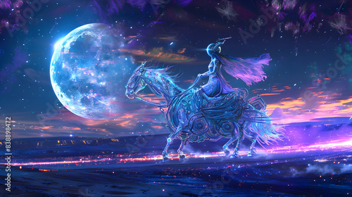 Selene  goddess of the moon  in a luminous space suit  riding a cybernetic chariot across a digital night sky