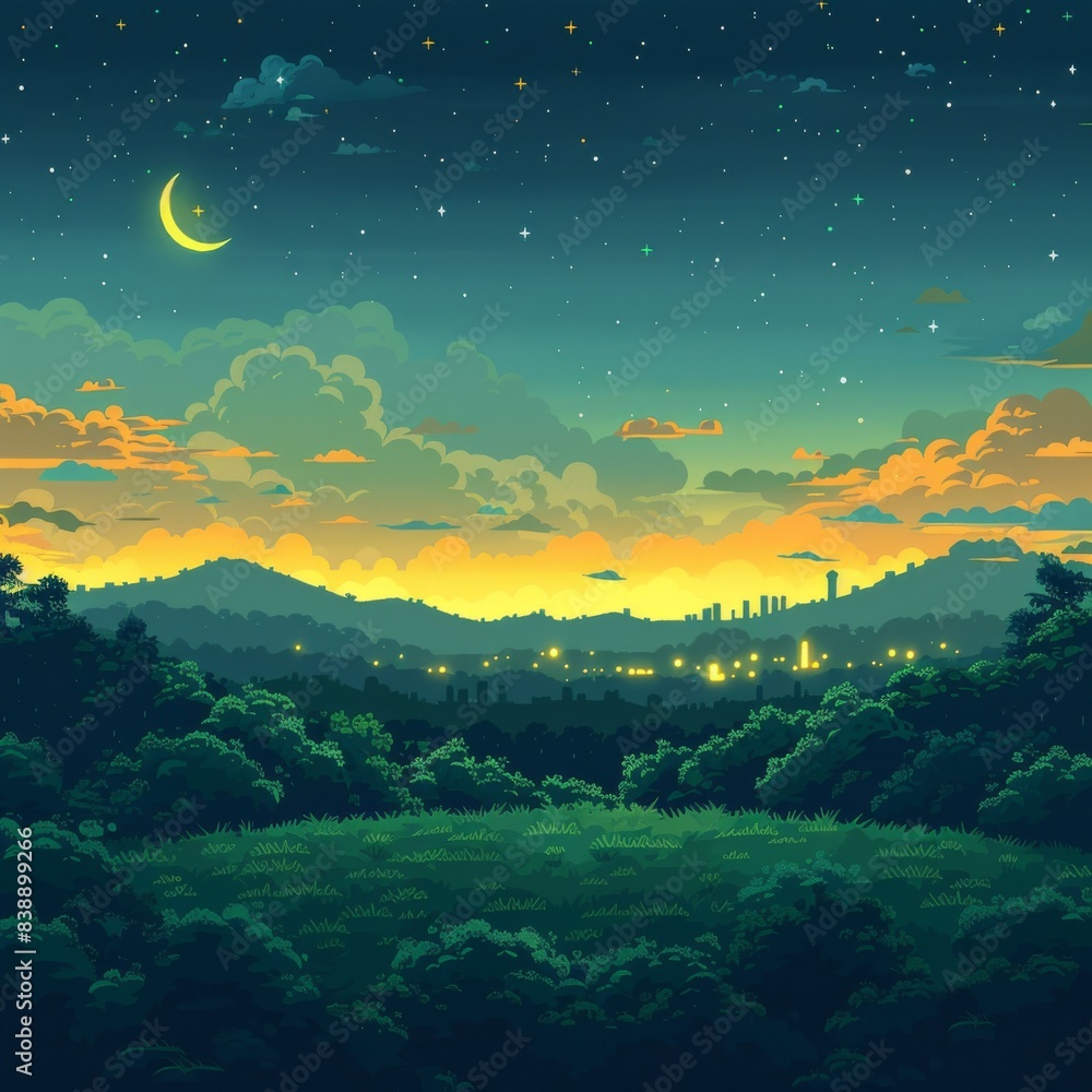 Tranquil Pixel Art Night Game Background with Grassy Hills and Glowing City Lights Tranquil Pixel Art Night Game Background with Grassy Hills and Glowing City Lights
