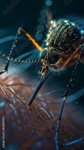 Mosquito feeding closeup, detailed, realistic, dark setting, bright red blood, high detail 8K , high-resolution, ultra HD,up32K HD