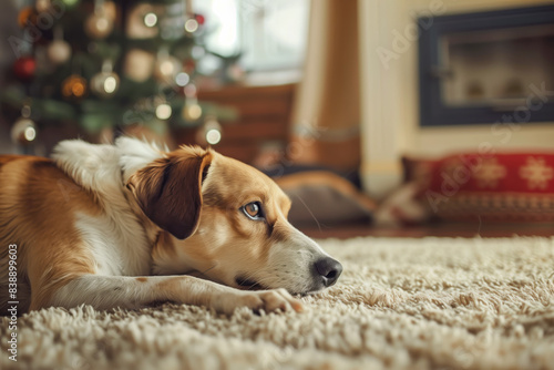 Adorable dog lying on fluffy carpet by decorated Christmas tree in cozy living room. Capturing the essence of holiday warmth and comfort with a beloved pet during festive season photo