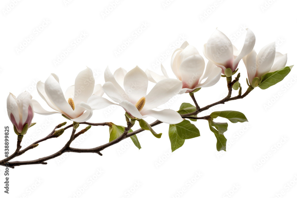 Obraz premium A Delicate Dance of White Blooms and Verdant Leaves on a White or Clear Surface PNG Transparent Background.