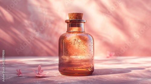 A vintage glass apothecary jar with a cork stopper, casting a soft reflection on a dusty rose background.