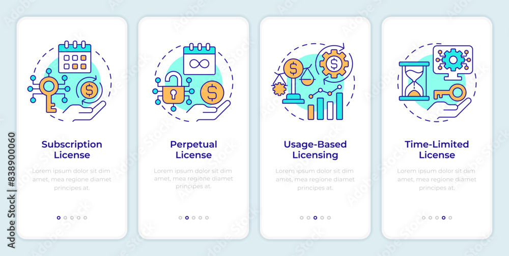 Licensing models onboarding mobile app screen. Walkthrough 4 steps editable graphic instructions with linear concepts. UI, UX, GUI template. Montserrat SemiBold, Regular fonts used Licensing models onboarding mobile app screen. Walkthrough 4 steps editable graphic instructions with linear concepts. UI, UX, GUI template. Montserrat SemiBold, Regular fonts used