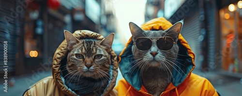 Two rapper kitty cats on a city street wearing hip hop clothes and science fiction fashion photo