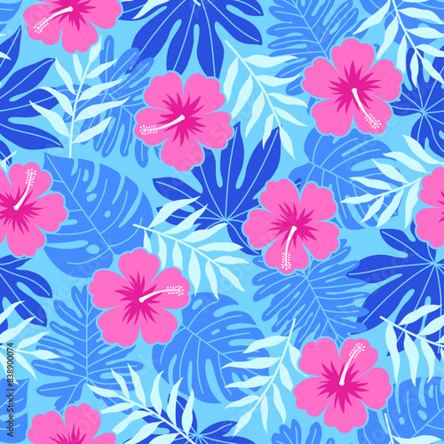 Hand drawn pink hibiscus flower with blue tropical leaf seamless pattern design for summer holidays background.