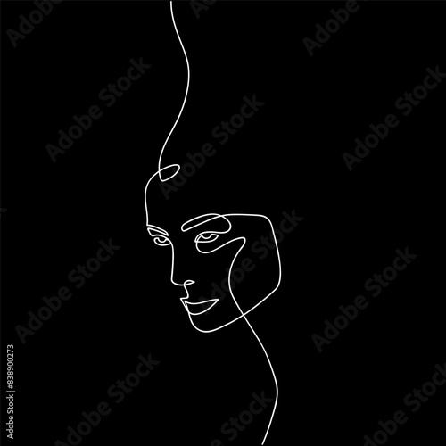 Continuous line envious face. Hand drawn line art of person who looks sullen. Contemporary minimalist portrait isolated on black background. Dislike, negative emotions concept. Vector illustration.