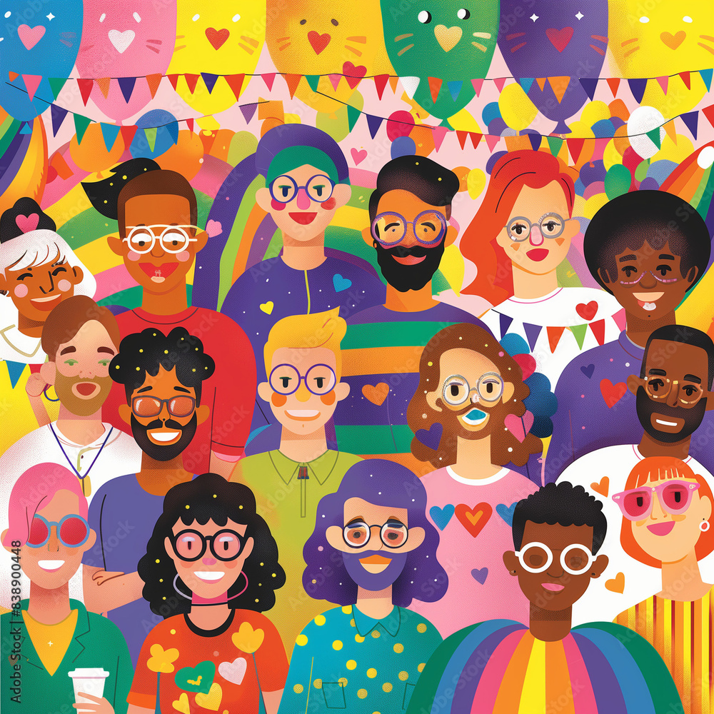 Illustration of a divers LGBTQIA community gathering in celebration Illustration of a divers LGBTQIA community gathering in celebration