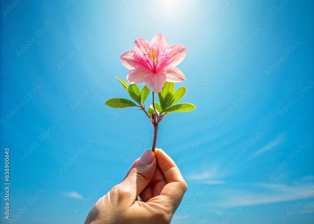 woman's hand holding flowers on blue sky background. Summer. Happiness woman's hand holding flowers on blue sky background. Summer. Happiness