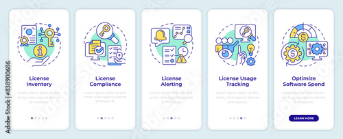 Software license key features onboarding mobile app screen. Walkthrough 5 steps editable graphic instructions with linear concepts. UI, UX, GUI template. Montserrat SemiBold, Regular fonts used