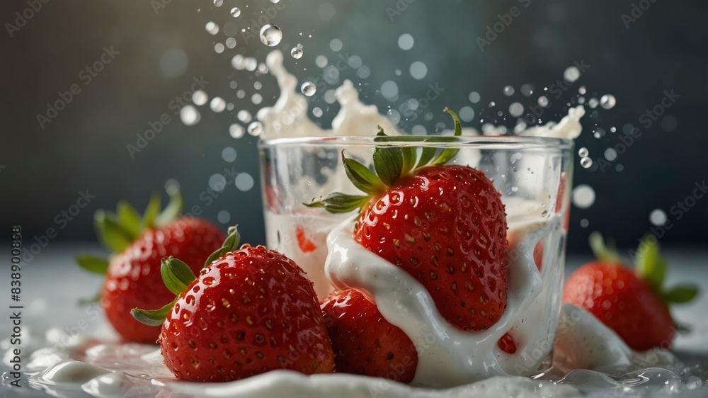 Splash! Fresh strawberries dive into creamy milk for a tasty treat Splash! Fresh strawberries dive into creamy milk for a tasty treat