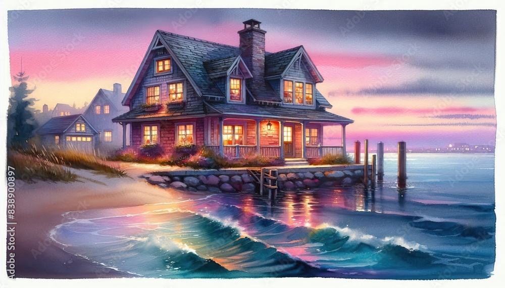 Fototapeta premium Watercolor coastal cottage with glowing windows by the sea at sunset with vibrant sky