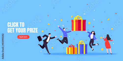 Get online incentive gift benefit reward and gifts, earn loyalty program points. Get loyalty card and customer service business concept flat design vector illustration. Tiny people with big gift boxes