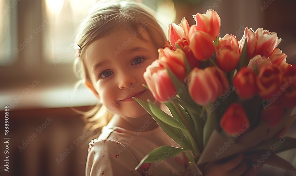 Naklejka premium Young child giving flowers to her Mom on Mothers day as a present. Family love