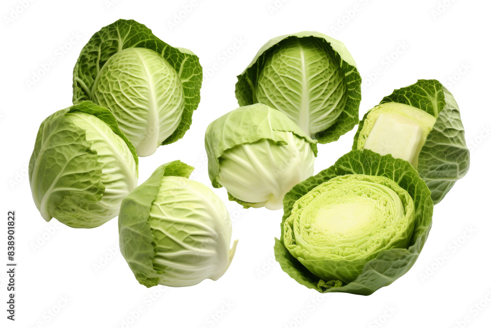 Fototapeta premium The Verdant Gathering: A Serenade of Green Cabbages on a White or Clear Surface PNG Transparent Background.