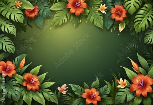 a green background with tropical leaves and flowers © klakonstudio