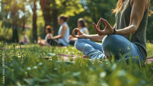 Group meditation outdoors in nature, serene yoga practice, peaceful mindfulness session, yoga in woodland, calm outdoor relaxation