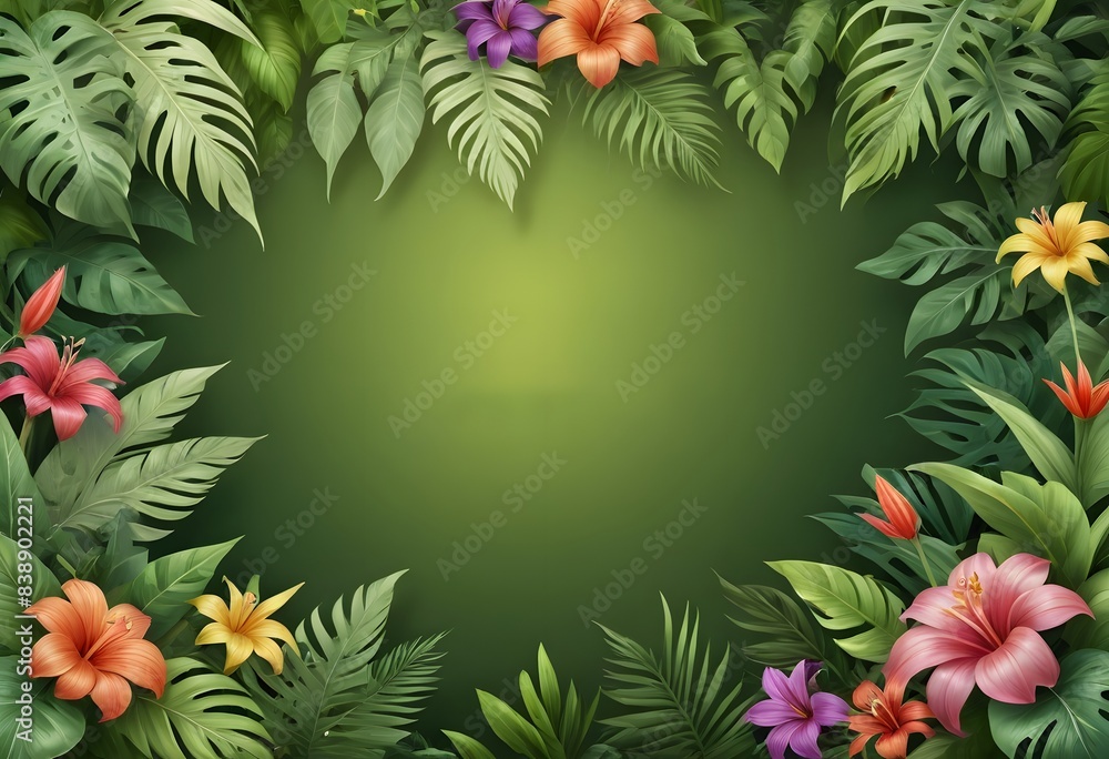 a green background with tropical leaves and flowers a green background with tropical leaves and flowers