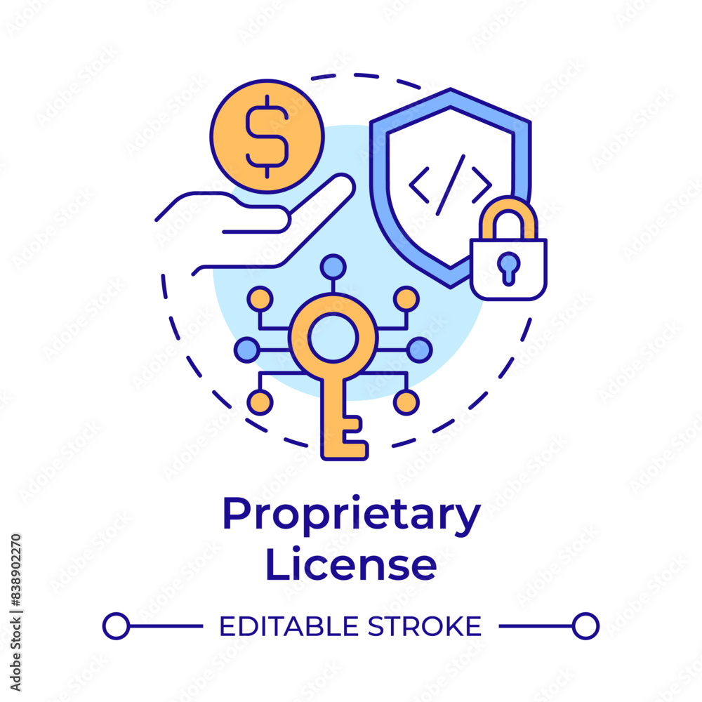 Proprietary license multi color concept icon. Licensing software, code security. Round shape line illustration. Abstract idea. Graphic design. Easy to use in infographic, presentation Proprietary license multi color concept icon. Licensing software, code security. Round shape line illustration. Abstract idea. Graphic design. Easy to use in infographic, presentation