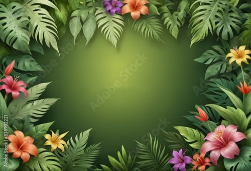 a green background with tropical leaves and flowers