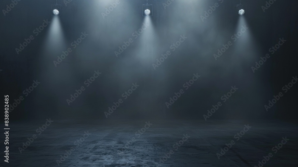 A dark room with four lights shining on it A dark room with four lights shining on it