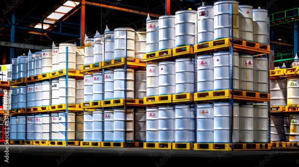 Chemical storage warehouse. Containers for chemical liquids. Warehouse system. Toxic barrels are kept in stock. Warehouse storage. Chemical Industry. Plastic barrels of chemicals are on pallets. Chemical storage warehouse. Containers for chemical liquids. Warehouse system. Toxic barrels are kept in stock. Warehouse storage. Chemical Industry. Plastic barrels of chemicals are on pallets.