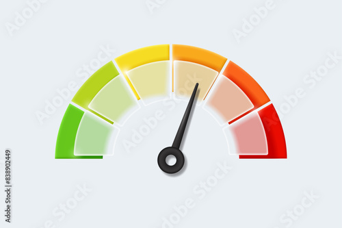 Realistic speedometer with arrows and glass dashboard indicators. Concept of speed, risk and rating levels. Vector illustration.