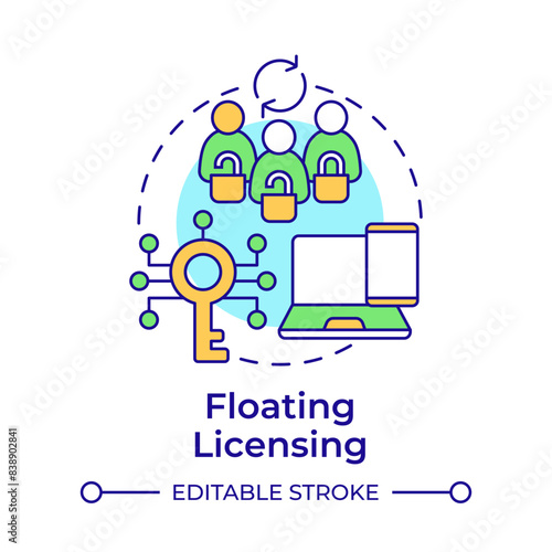 Floating licensing multi color concept icon. Device tracking, network license. User access control. Round shape line illustration. Abstract idea. Graphic design. Easy to use in infographic