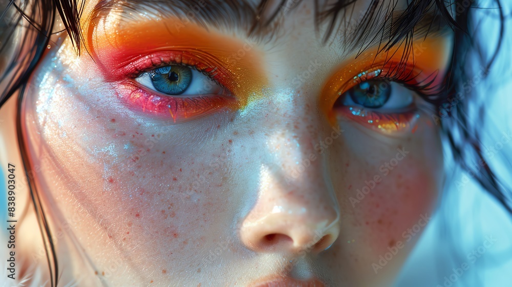 Close-up portrait of a woman with bright orange and red eye makeup. Close-up portrait of a woman with bright orange and red eye makeup.