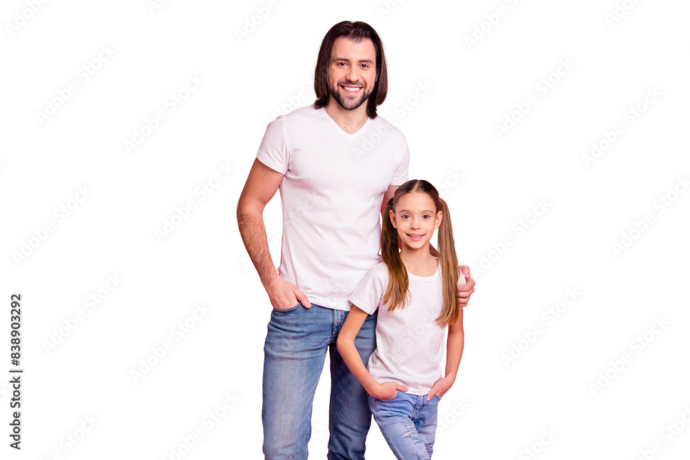 Close up photo beautiful she her little lady stand with he him his single dad pretty nice hairstyle weekend vacation rest relax wear casual white t-shirts denim jeans isolated pink bright background Close up photo beautiful she her little lady stand with he him his single dad pretty nice hairstyle weekend vacation rest relax wear casual white t-shirts denim jeans isolated pink bright background