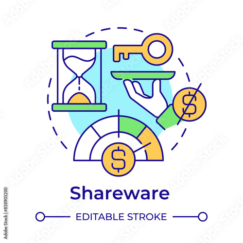 Shareware multi color concept icon. Free service. Access control, software licensing. Round shape line illustration. Abstract idea. Graphic design. Easy to use in infographic, presentation