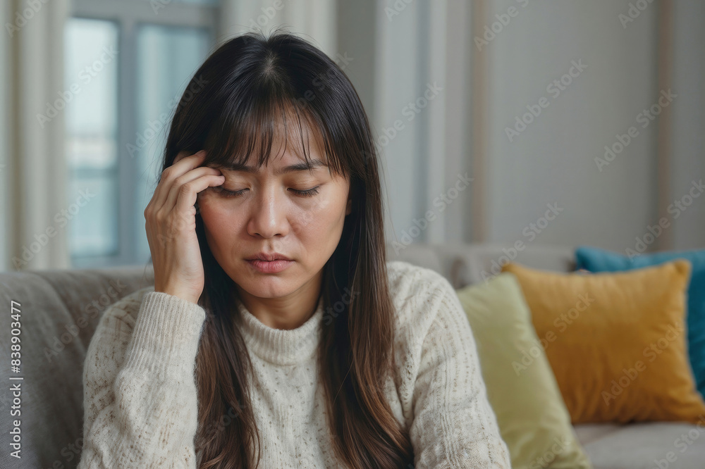 Portrait of Asian woman suffering from headache migraine pain. She is in pain or discomfort Portrait of Asian woman suffering from headache migraine pain. She is in pain or discomfort