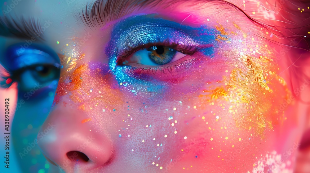 Close-up of a woman's eye with colorful makeup, glitter, and sparkle.