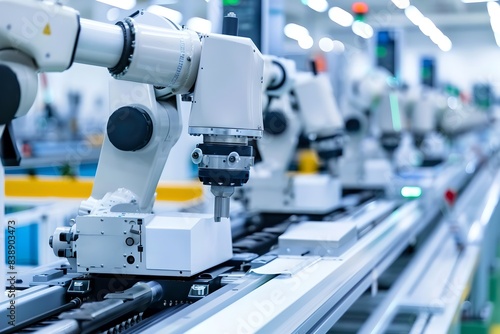 Robotic arms in an automated manufacturing plant. Automation and manufacturing industry concept. Modern technology and innovation. Industrial high tech manipulators on assembly line