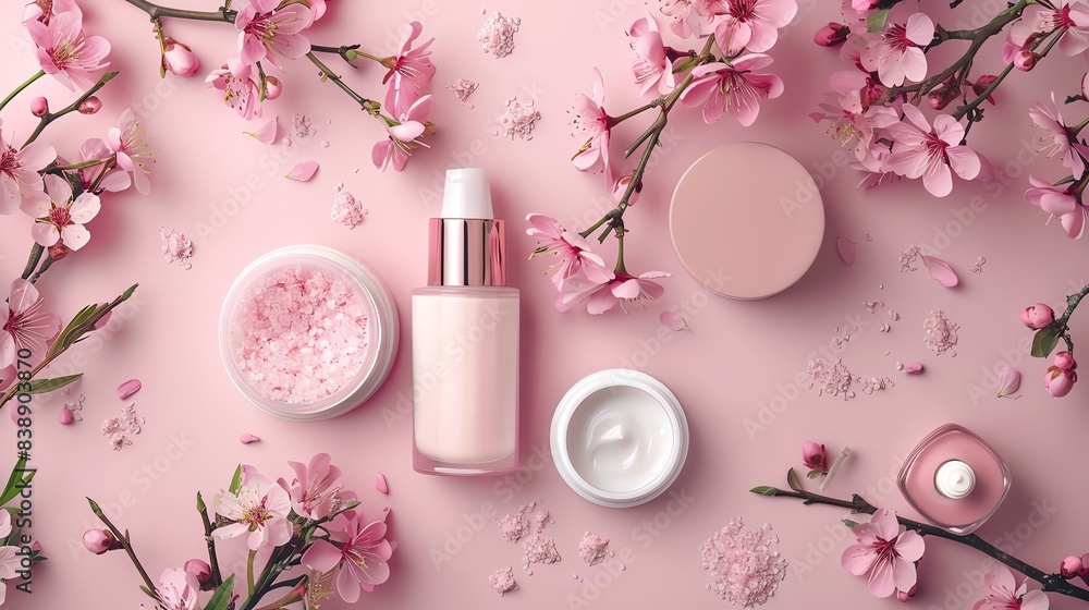 Pink cosmetic products with cherry blossom flowers on pink background Pink cosmetic products with cherry blossom flowers on pink background