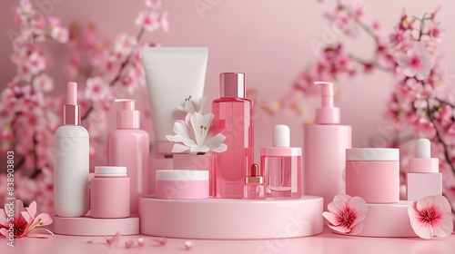 Pink cosmetic products on a pink background with cherry blossom flowers.
