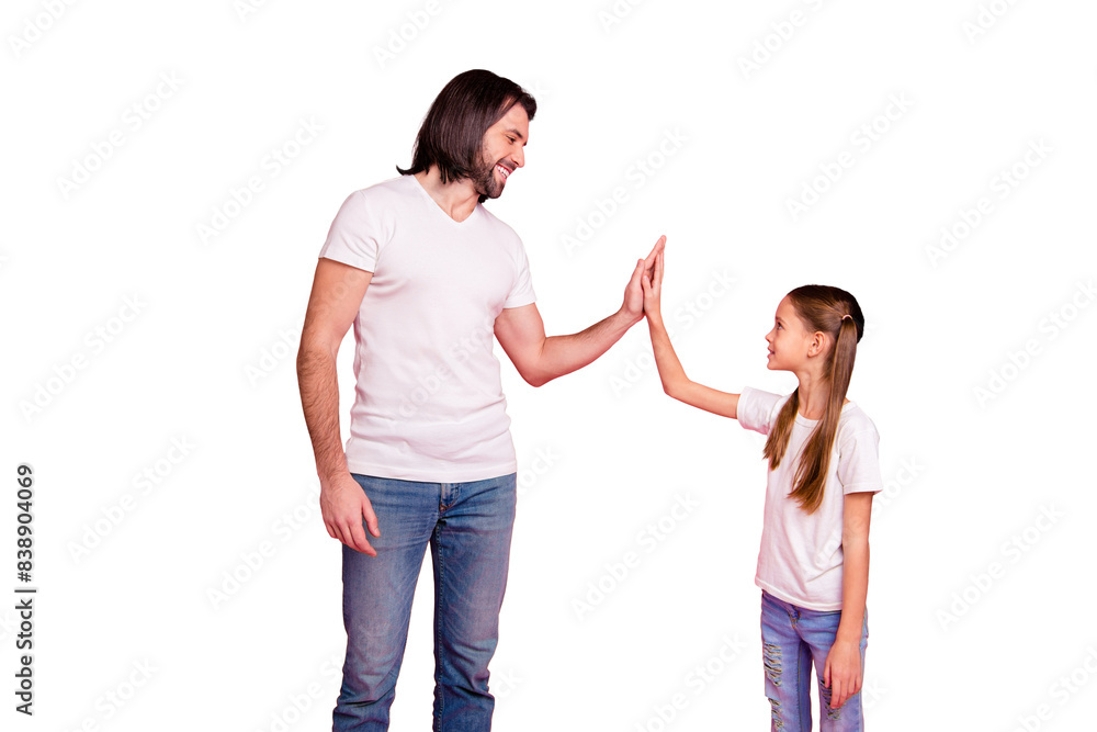Close up side profile photo beautiful she her little lady stand he him his single dad clap arms hands achievement rest relax wear casual white t-shirts denim jeans isolated pink bright background Close up side profile photo beautiful she her little lady stand he him his single dad clap arms hands achievement rest relax wear casual white t-shirts denim jeans isolated pink bright background
