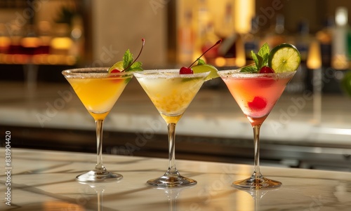 Three martinis, each featuring different colorful drinks and garnishes such as cherry or lime slices, and mint leaves, on top of the bar counter