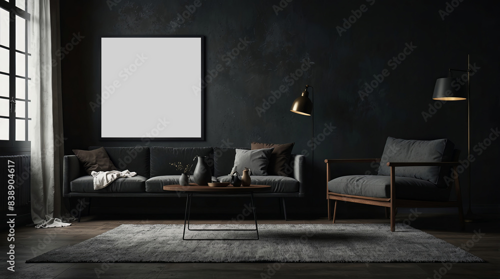 3d rendering empty poster with dark interior design 3d rendering empty poster with dark interior design