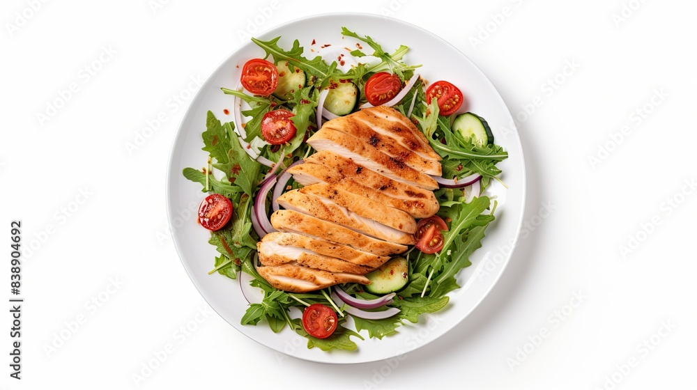 salad with chicken fillet in plate, top view salad with chicken fillet in plate, top view