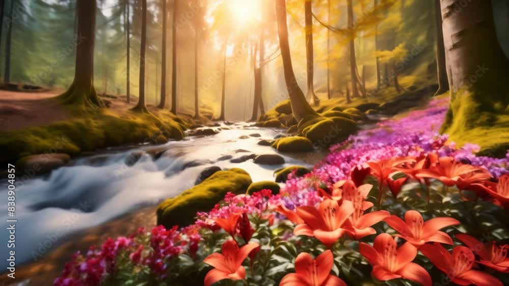 Bright red wildflowers bloom on the mossy bank of a rushing forest stream, illuminated by the warm rays of the morning sun. The scene evokes a sense of peace and tranquility in nature. Bright red wildflowers bloom on the mossy bank of a rushing forest stream, illuminated by the warm rays of the morning sun. The scene evokes a sense of peace and tranquility in nature.