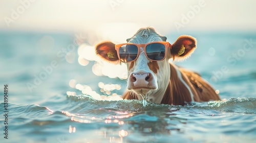 Cute funny cow wearing sunglasses and floating in a ocean. Happy pet swim in ocean or sea, play in the water