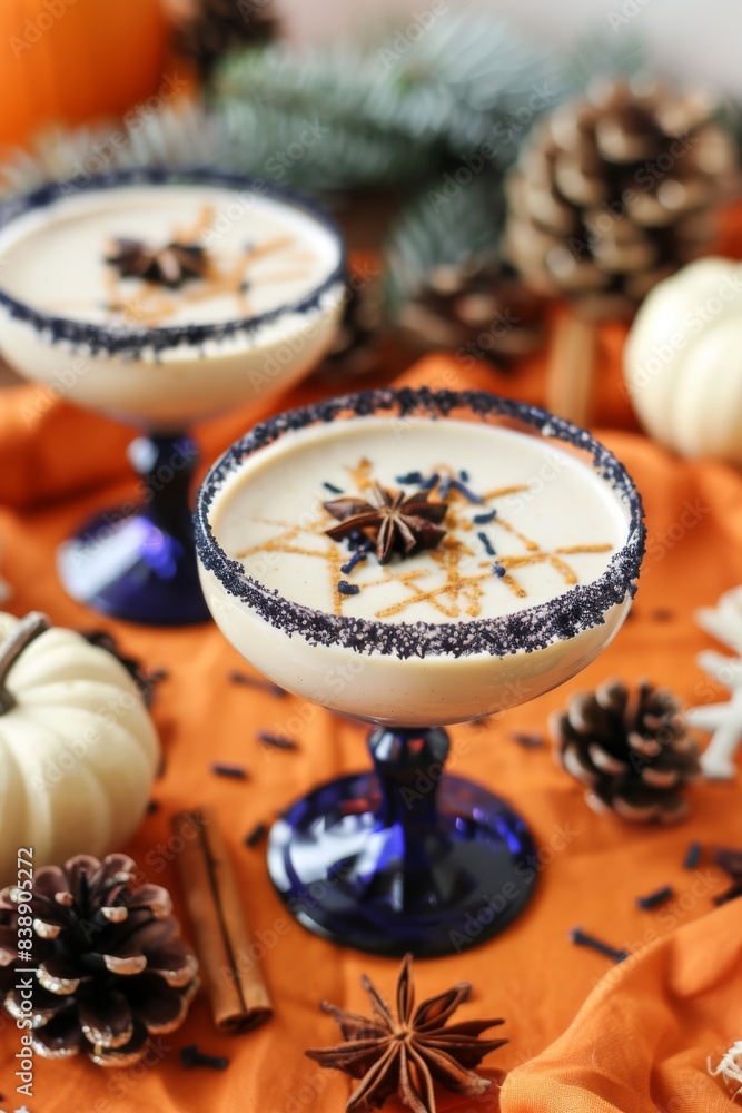 pumpkin spiced cocktail with a navy blue sugar rim, topped with coconut an orange table cloth decorated with pumpkins and cedar. pumpkin spiced cocktail with a navy blue sugar rim, topped with coconut an orange table cloth decorated with pumpkins and cedar.