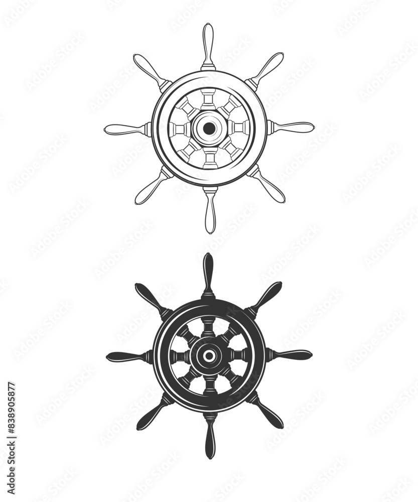Obraz premium Ship wheel, Hand drawn vector Illustration